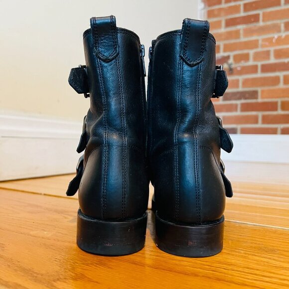 Frye Biker Chelsea Boots Combat Moto Natalie Triple Buckle Black Leather 6.5 B - Picture 15 of 16